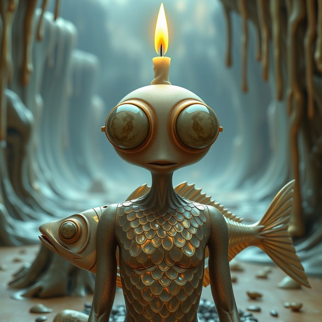 Surreal Candle Headed Fish Being in Dreamscape with Dripping...