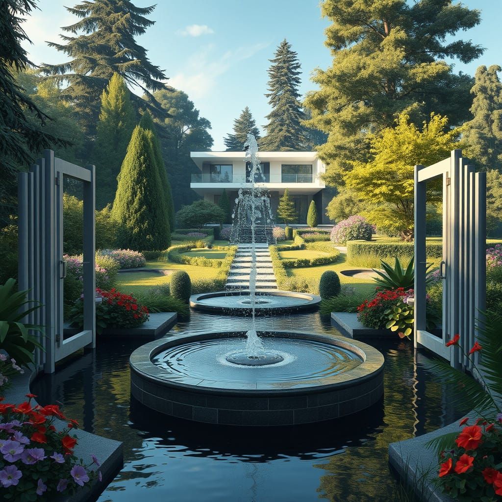 Modern Oasis with Elegant Water Feature and Gates