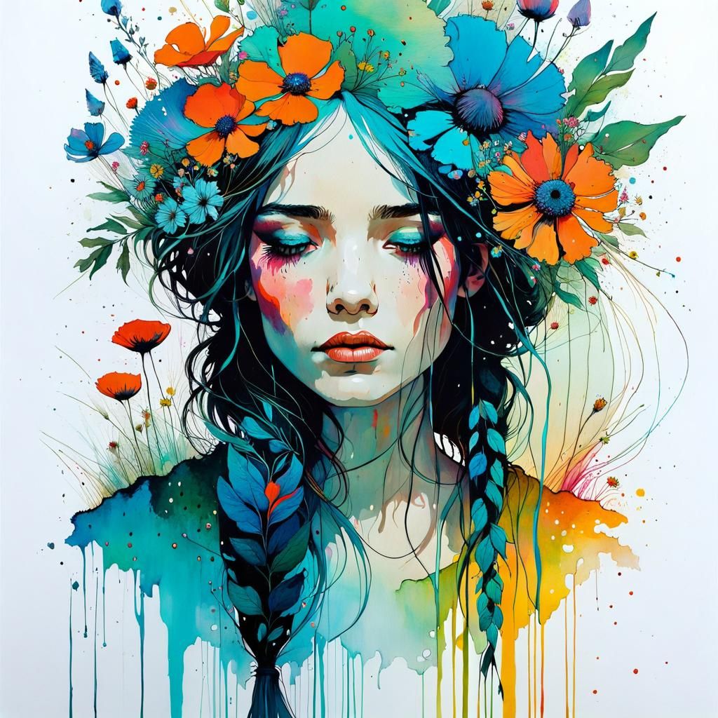 Whimsical Portrait in Vibrant Folk Art Style