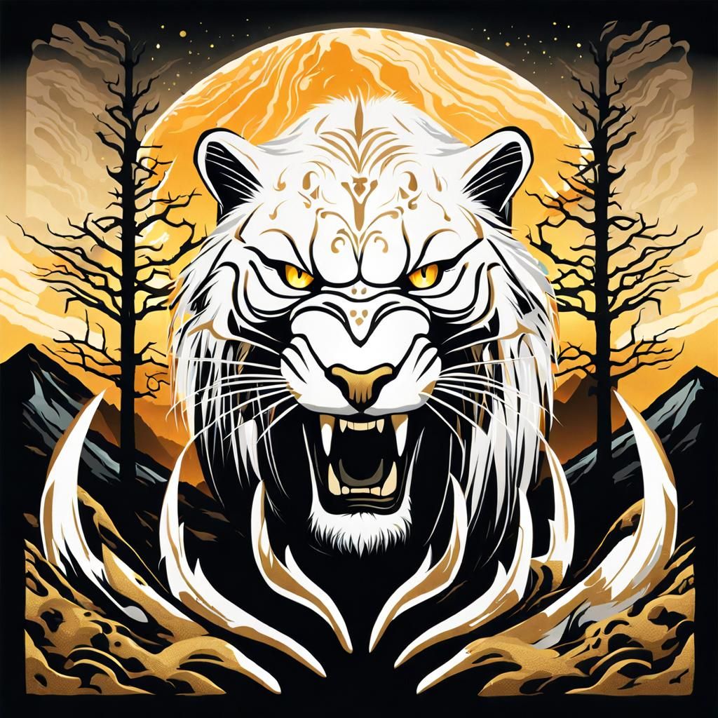Angry White Sabertooth in Detailed Charcoal Style