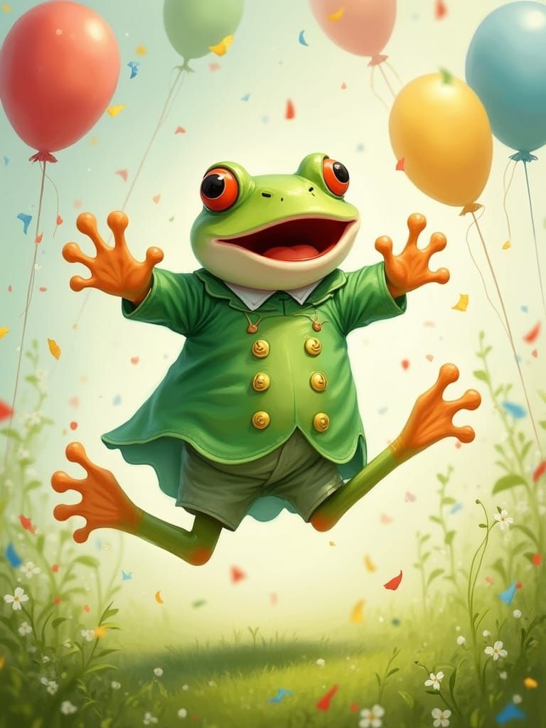 Joyful Frog's Celebration in Beatrix Potter Style