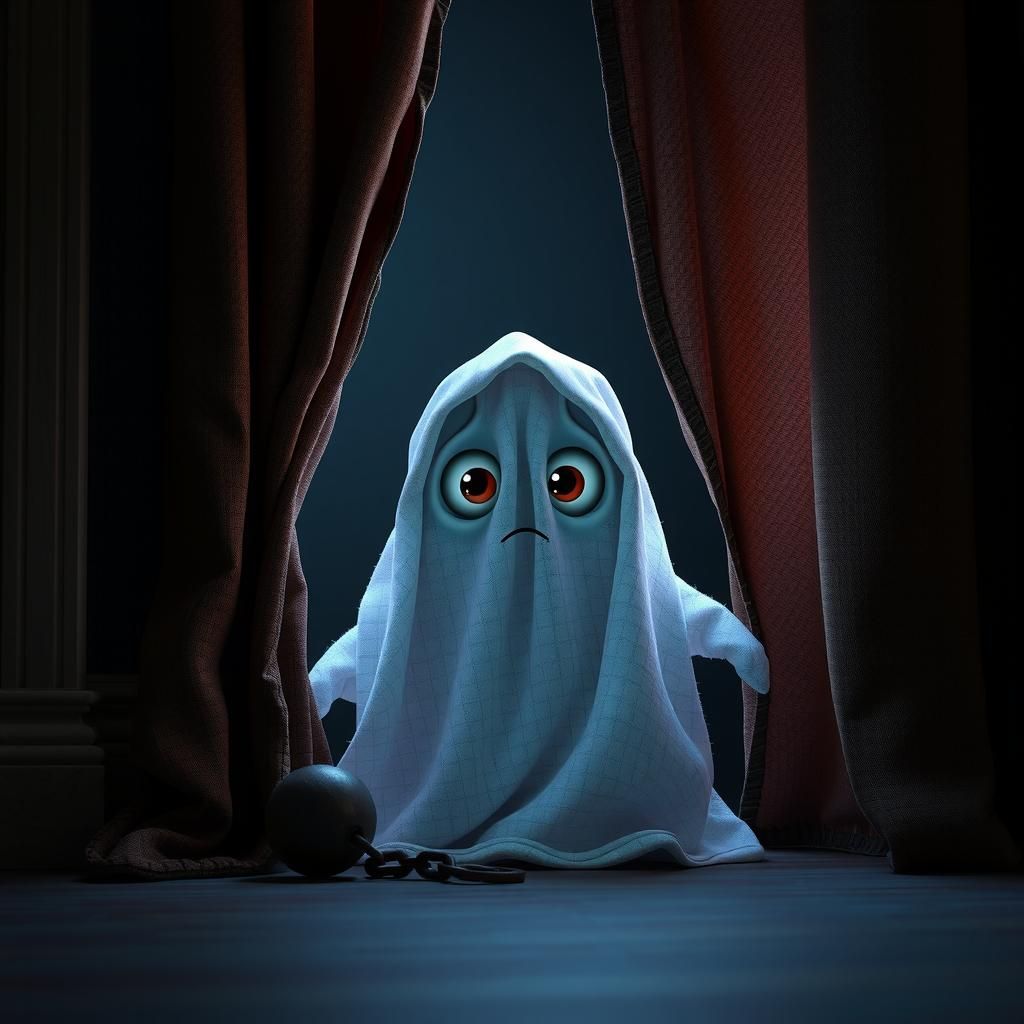 Shy Blanket Ghost Peeking From Haunted House, 3D Render