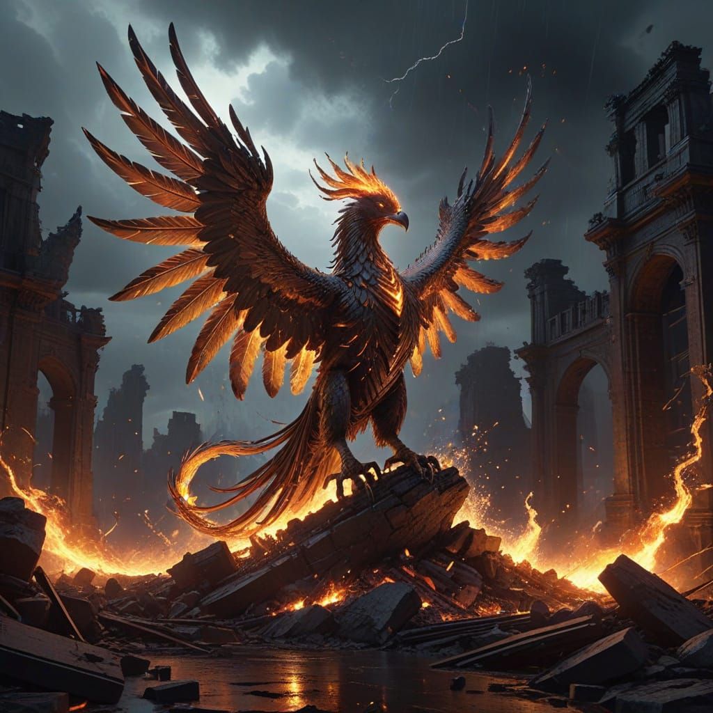 Majestic Firebird Rises from Ancient Ruins in Radiant Golden...