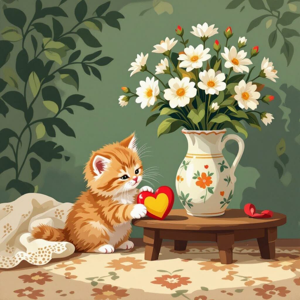 Fluffy Orange Kitten Plays With Loveheart Near Flowers