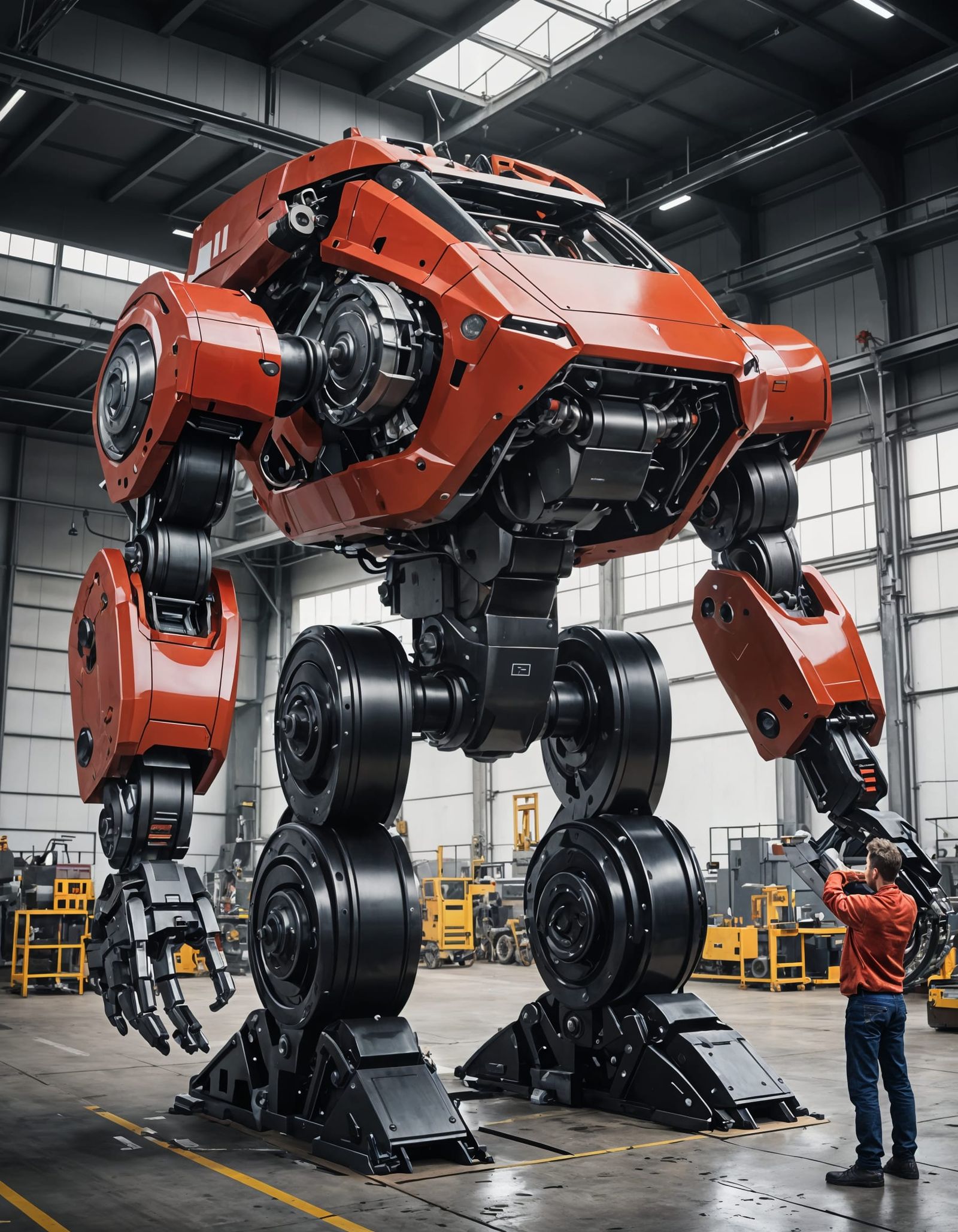 Hyperrealistic Tesla Bot Mecha Lifting Heavy Load