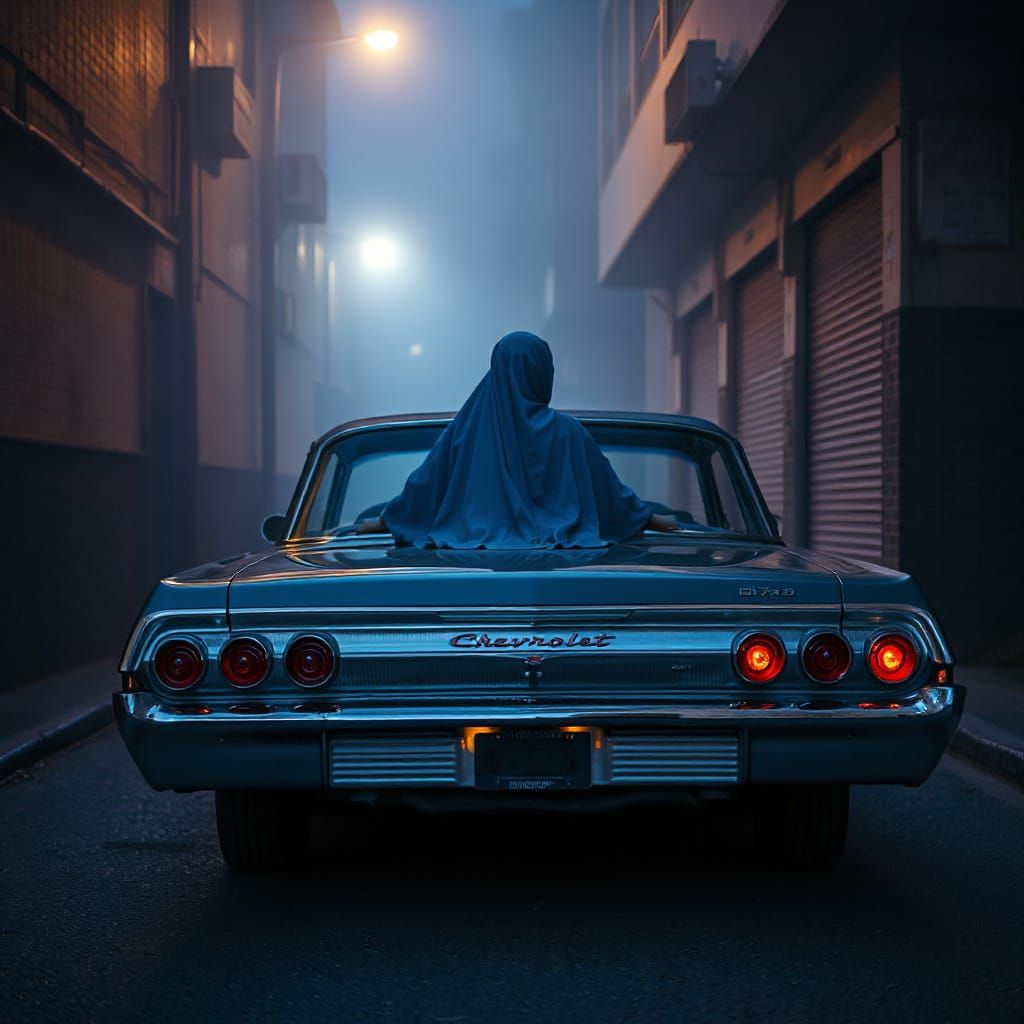 Retro Neon Noir: Woman Driving Classic Car
