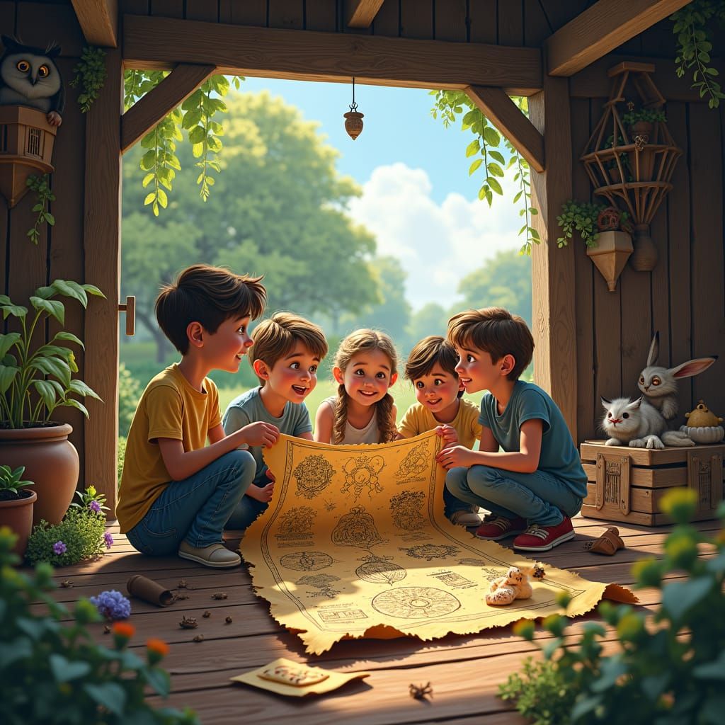 Children's Treasure Map Discovery in Rustic Barn