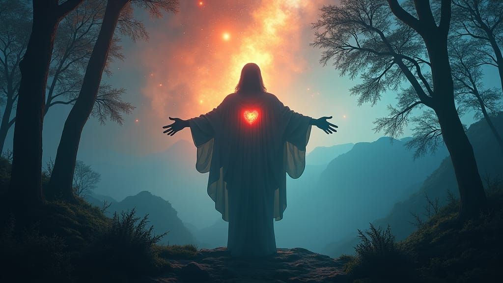 Jesus Silhouette with Cosmic Nebula in Forest