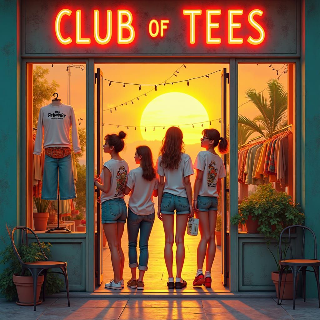 Trendy Clothing Store at Sunset in Art Nouveau Style