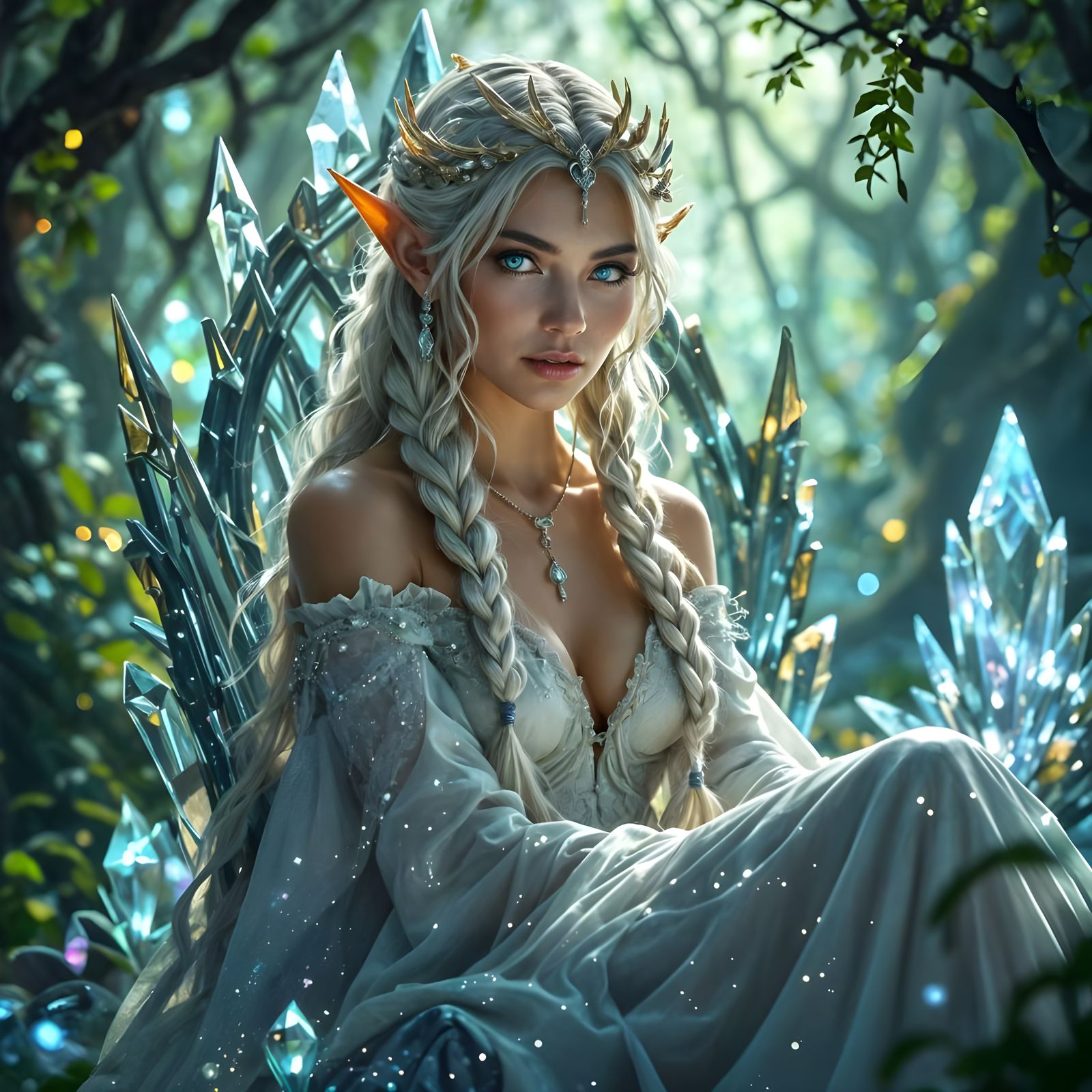 Elven Queen on Crystal Throne: Art Nouveau