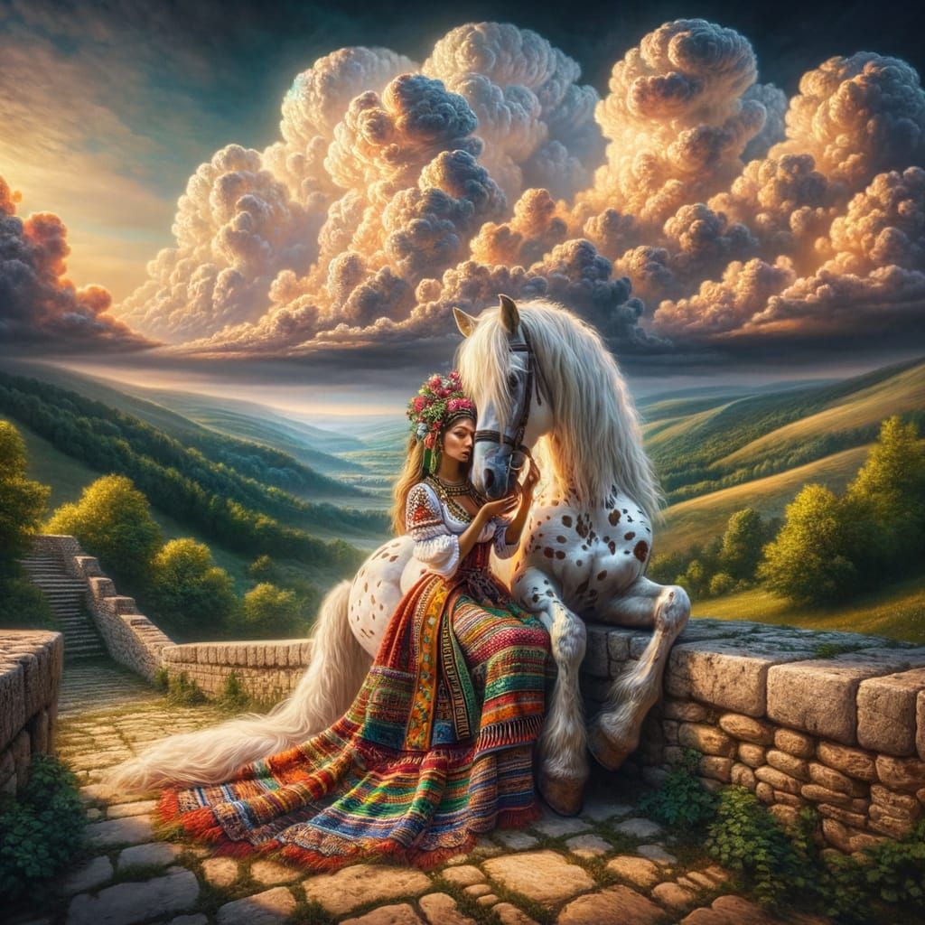 Romantic Oil Painting of Romani Woman and Horse