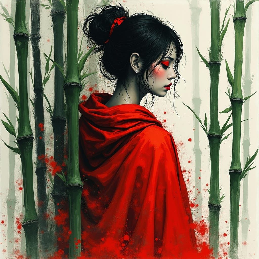 Monochrome Woman in Red Robe and Green Bamboo