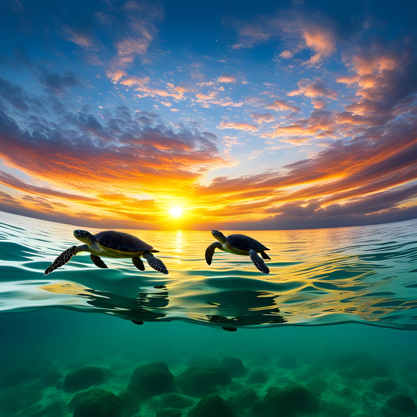 Ocean Sunset with Graceful Sea Turtles