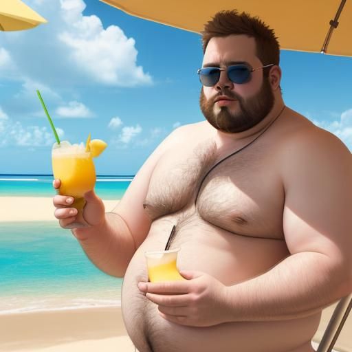 Overweight Man in Speedo Drinking Pina Colada