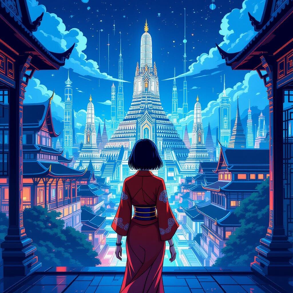 Thai Woman in Futuristic Neon City Anime Illustration