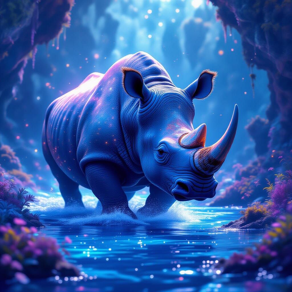 Cosmic Rhino Navigates Stellar Ocean in Hyperrealistic Style