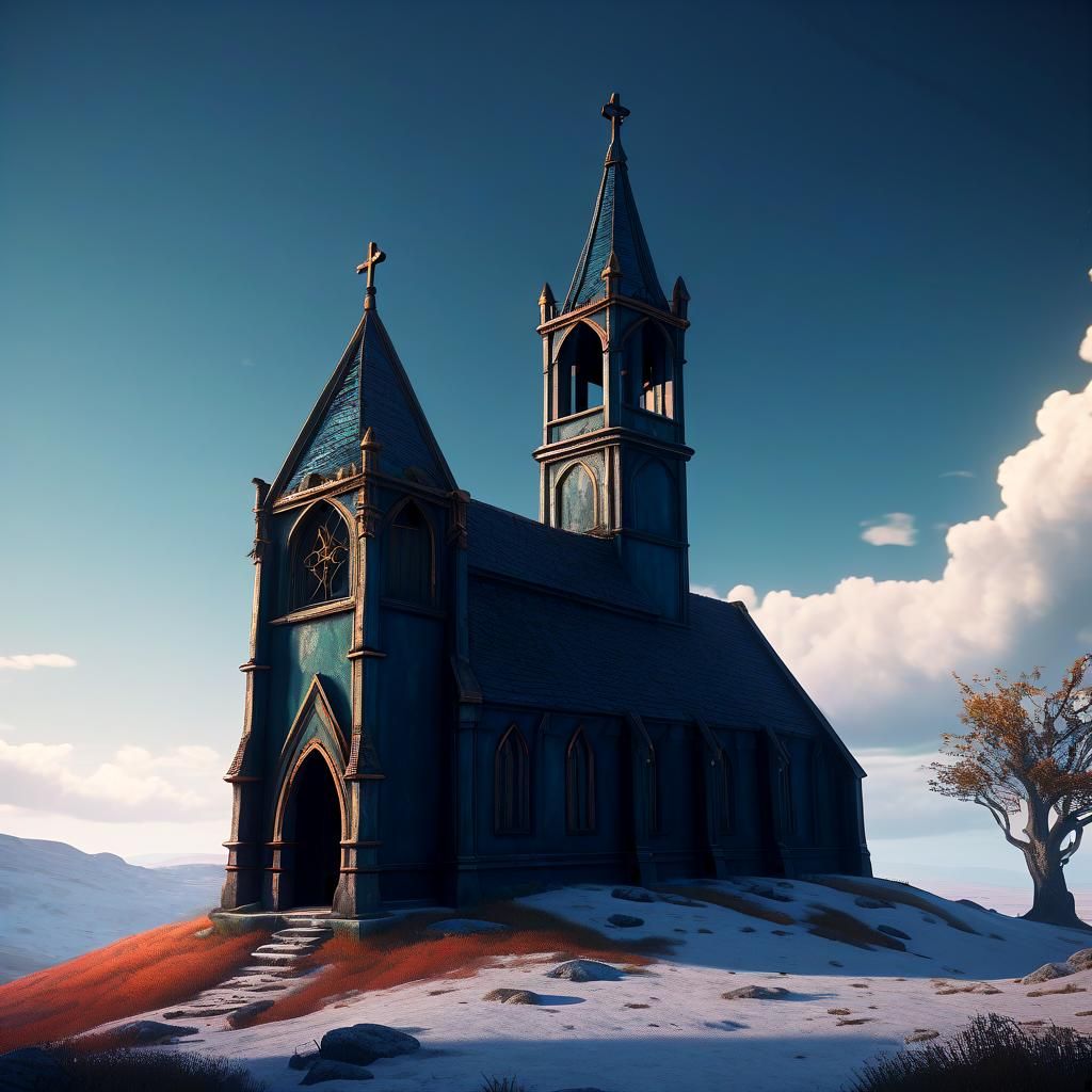 Abandoned Medieval Chapel on a Hill in Matte Painting Style