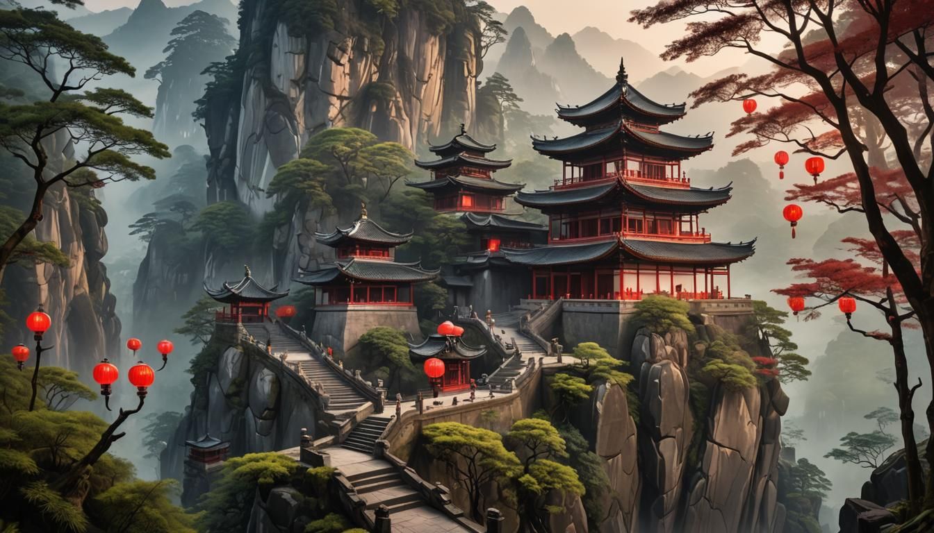 Misty Mountain Pagoda with Ninja Sentries