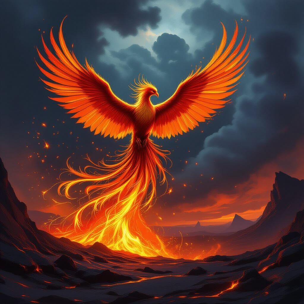 Majestic Fiery Phoenix Rises from Lava Vortex