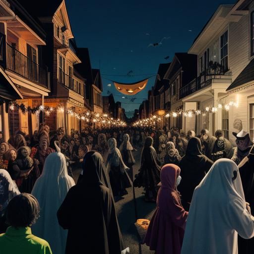 Halloween Block Party with Ghosts and Monsters