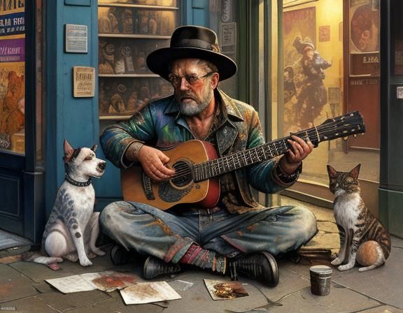 Homeless Musician Entertaining Pets: Comic Book Art