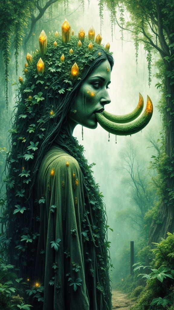 Surreal Watercolor Witch in Misty Jungle