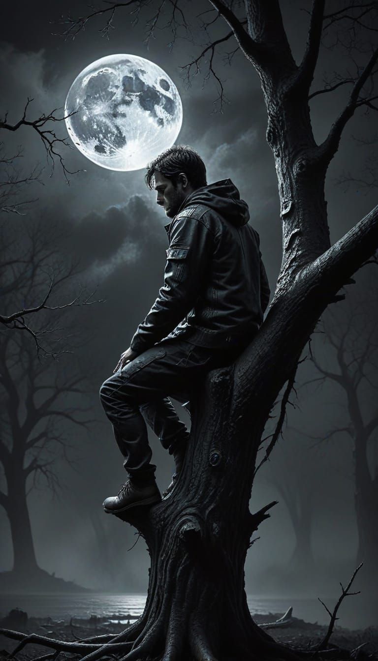 Lonely Figure Silhouetted by Moonlight in Charcoal Drawing