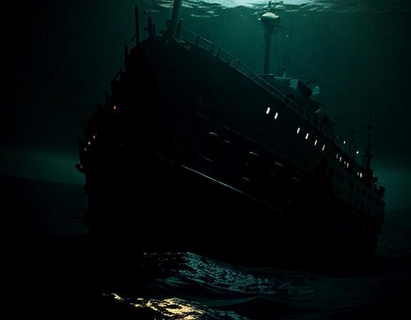 deep sea ship wreck at the darkest blackest bottom of the sea, scary Cinematic film still, shot on v-raptor XL, film gra...