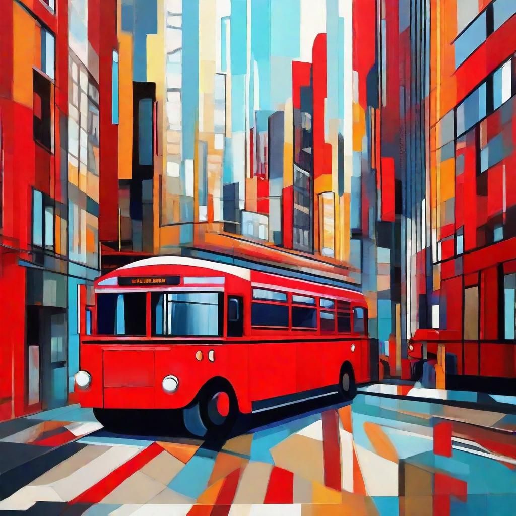 Cubist Pop Art: Red London Bus in Geometric City
