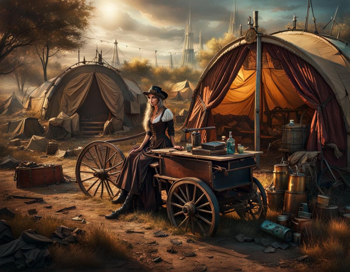 Abandoned Steampunk Gypsy Camp in Hyperrealistic Style