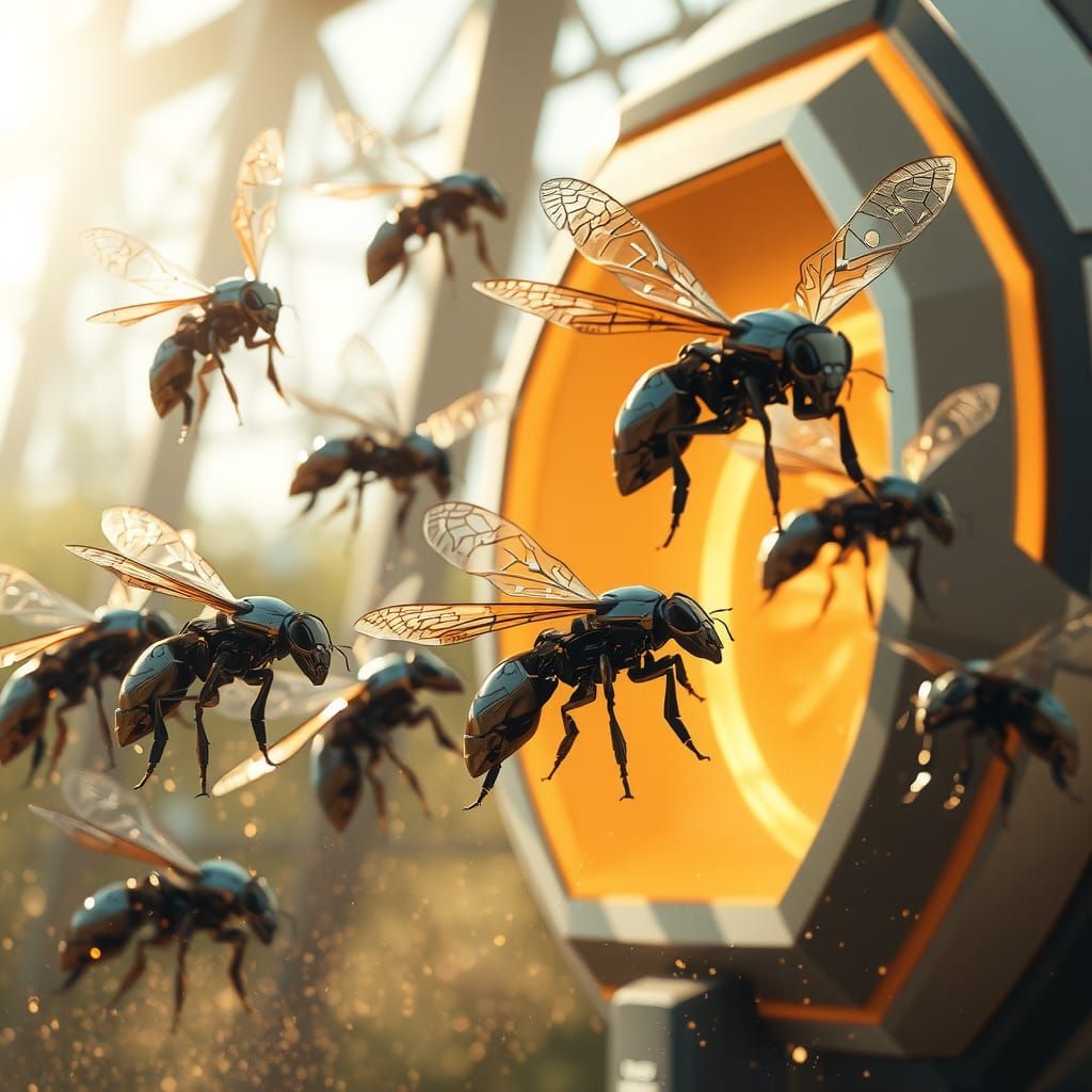 Android Bees Flying to Futuristic Hive in Sci-Fi Style