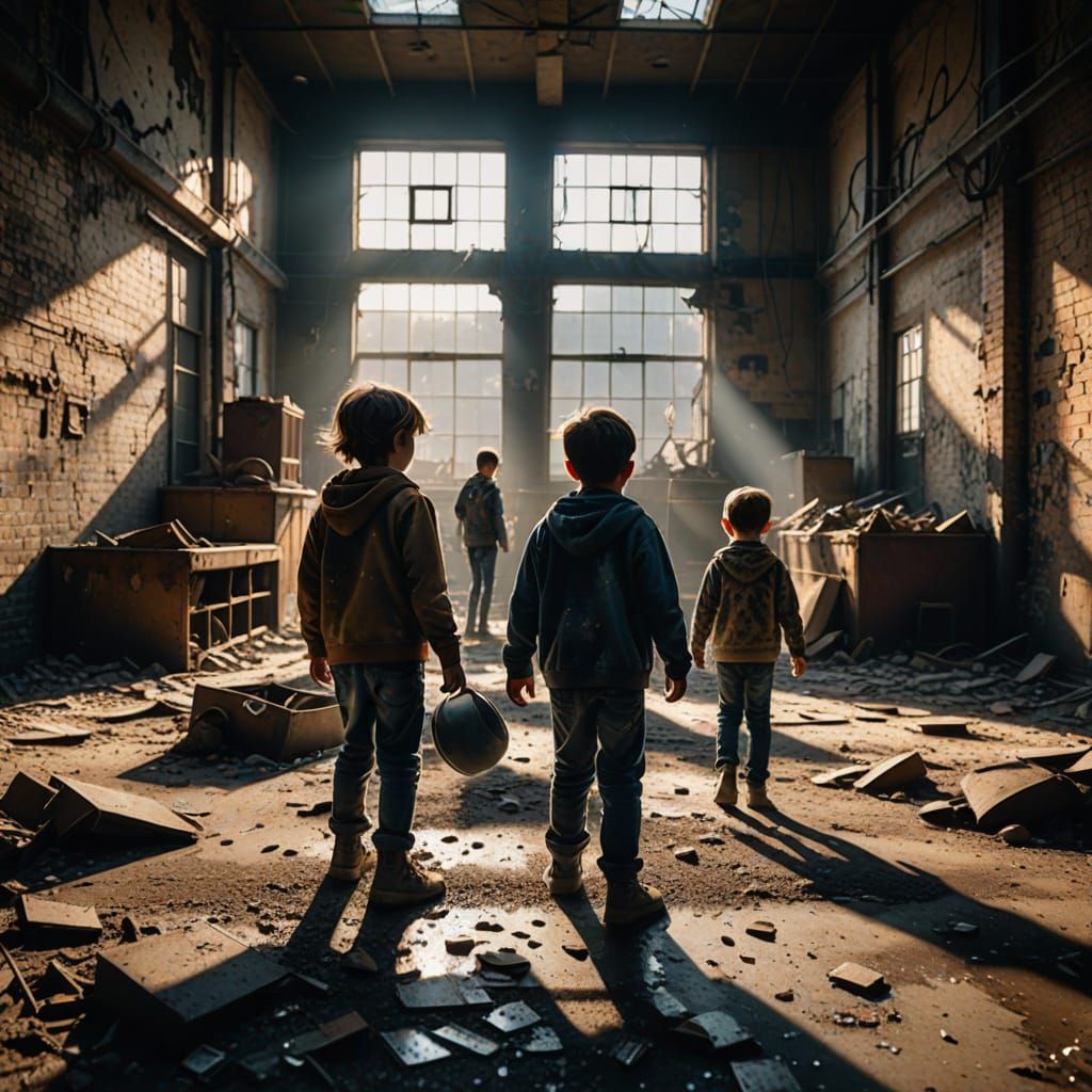 Children Playing in Abandoned Factory: Industrial Photograph...