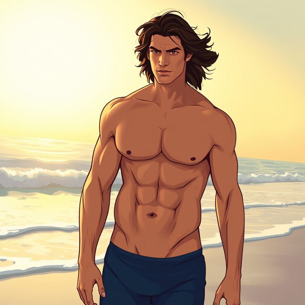 Bronzed Adonis on the Shoreline in Nagel Style