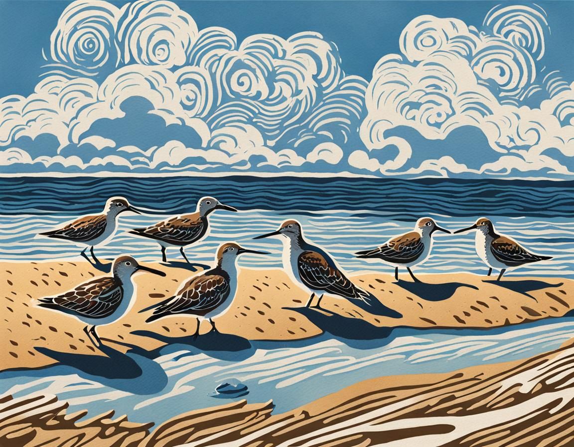 Sandpipers on Beach in Linocut Style