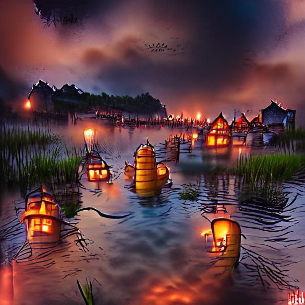 Eerie Lantern-Lit Swamp Village on Water