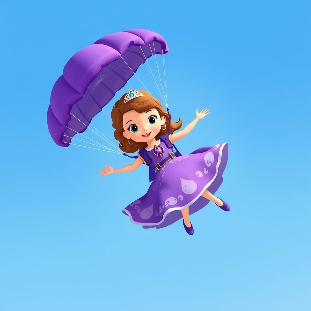 Princess Sofia Skydiving with Purple Parachute, Whimsical St...