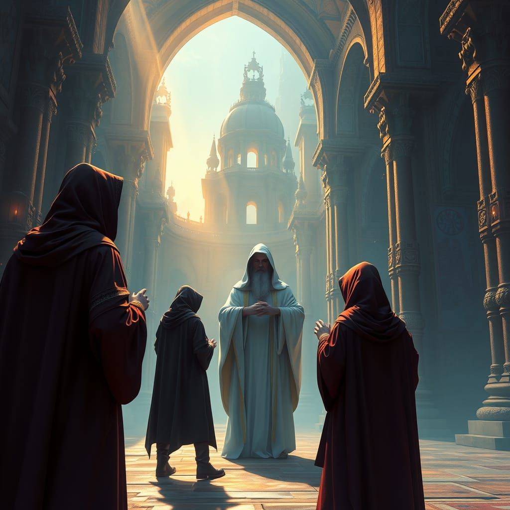 Mystical Disciples Gather Around a Holy Figure in a Fantasti...