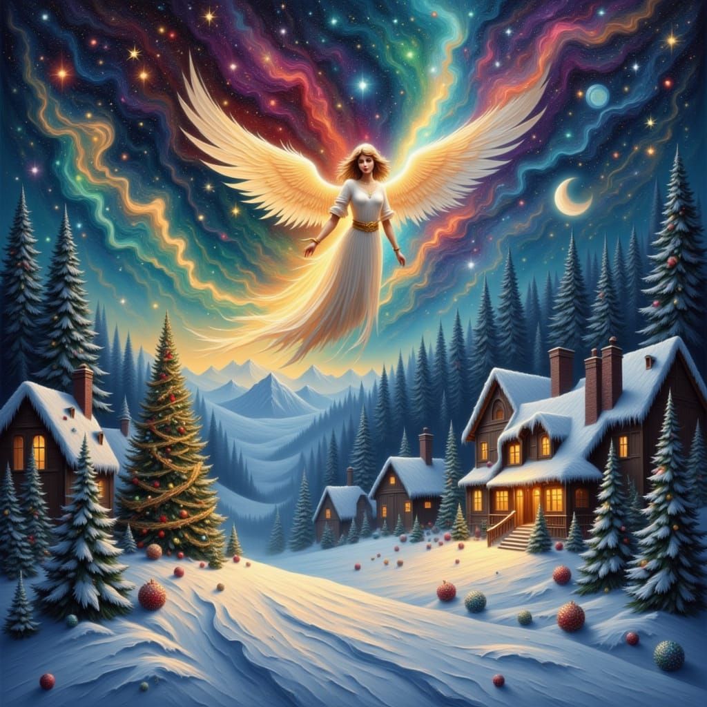 Christmas Angel Descends to Village in Impressionist Style