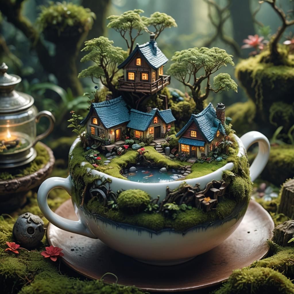 Miniature Rainforest Village in Teacup: Digital Art