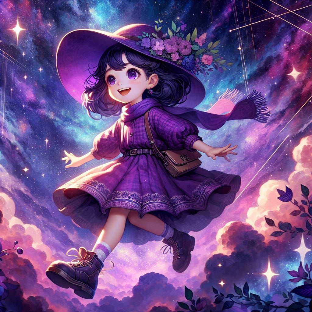 Joyful Purple Girl in Starry Fantasy Concept Art
