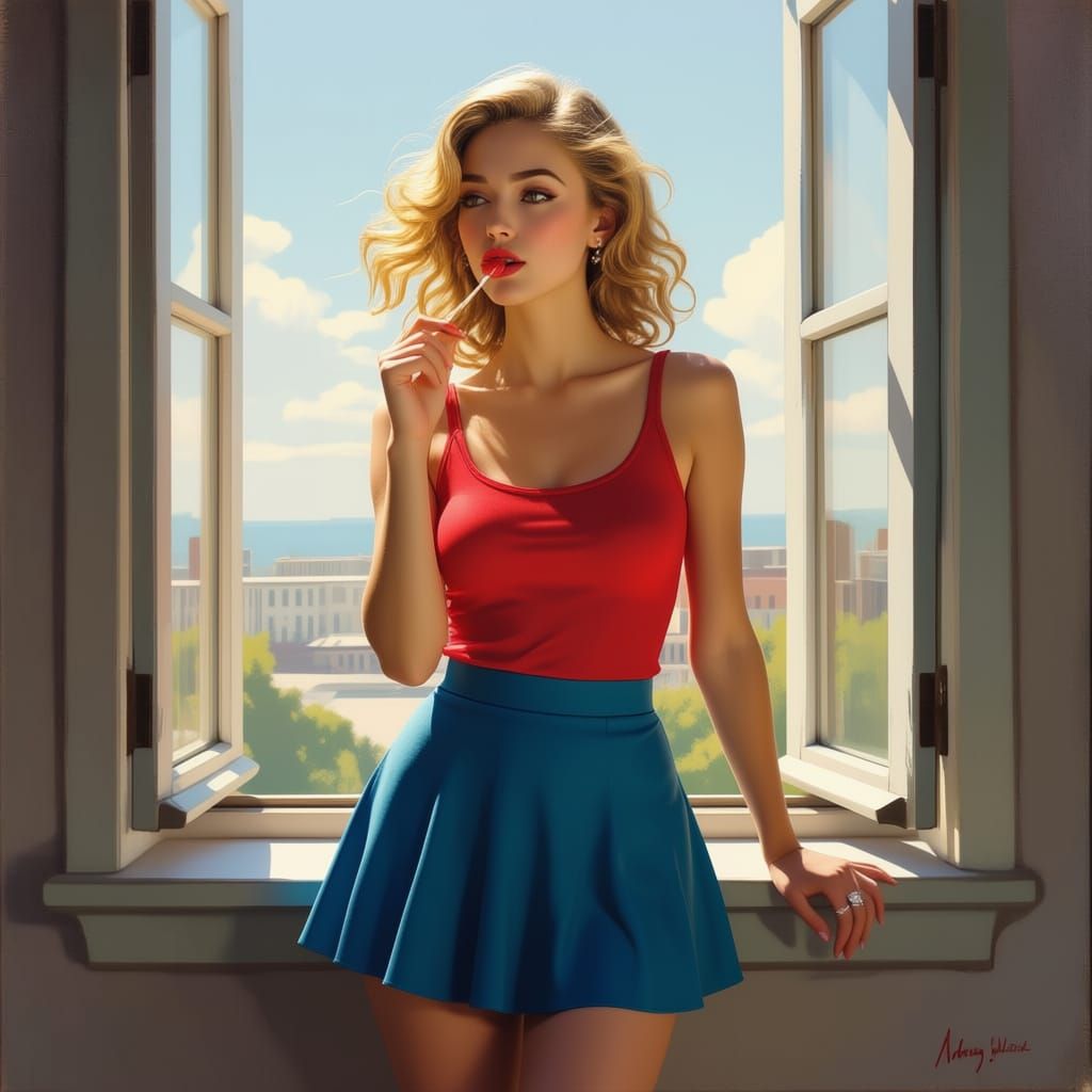 Girl at Window with Red Top and Blue Skirt