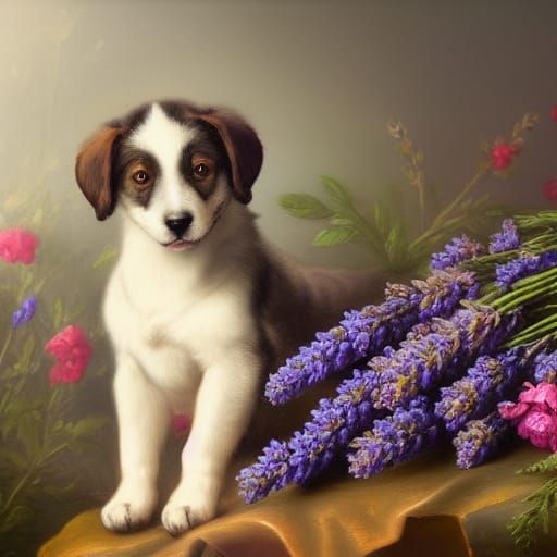 Puppy and Lavender Bouquet: Still Life Portrait