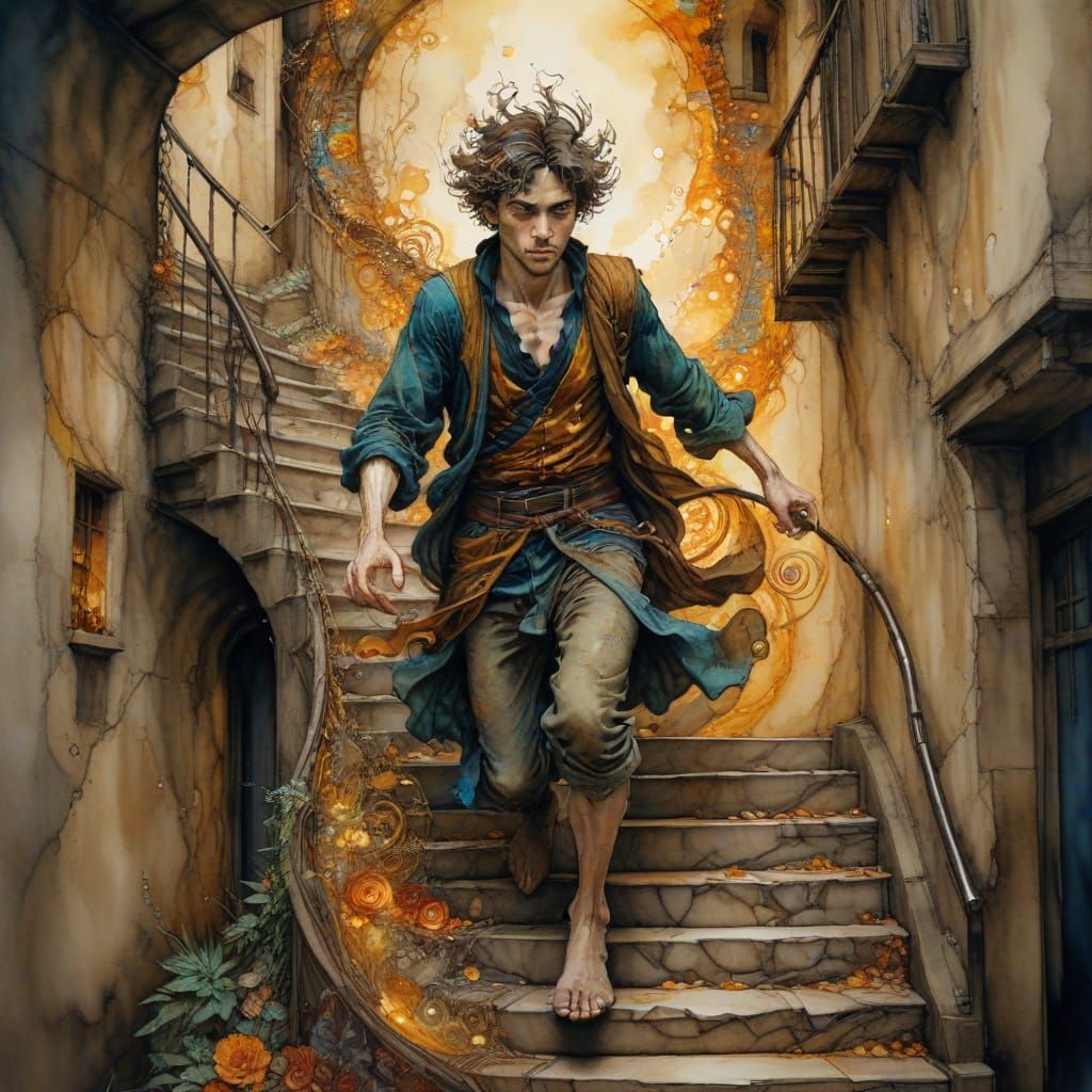 Vagabond Descends a Surreal City Stairway