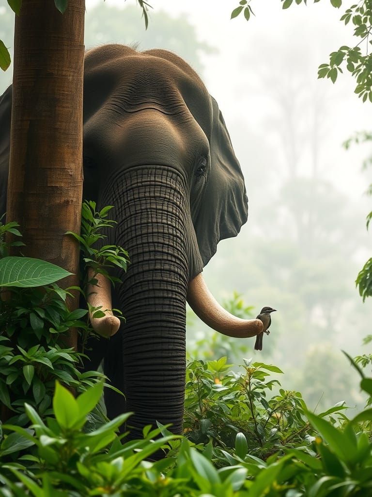 Misty Jungle Elephant with Bird on Tusk