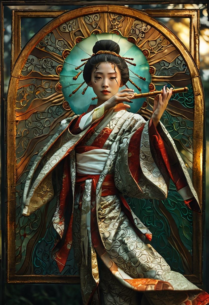A Japanese Beauty Plays a Bamboo Flute in a Golden-Lit Room