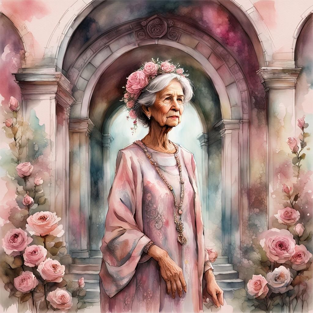 Grandmother Under Rose Archway: Watercolor and Ink Art