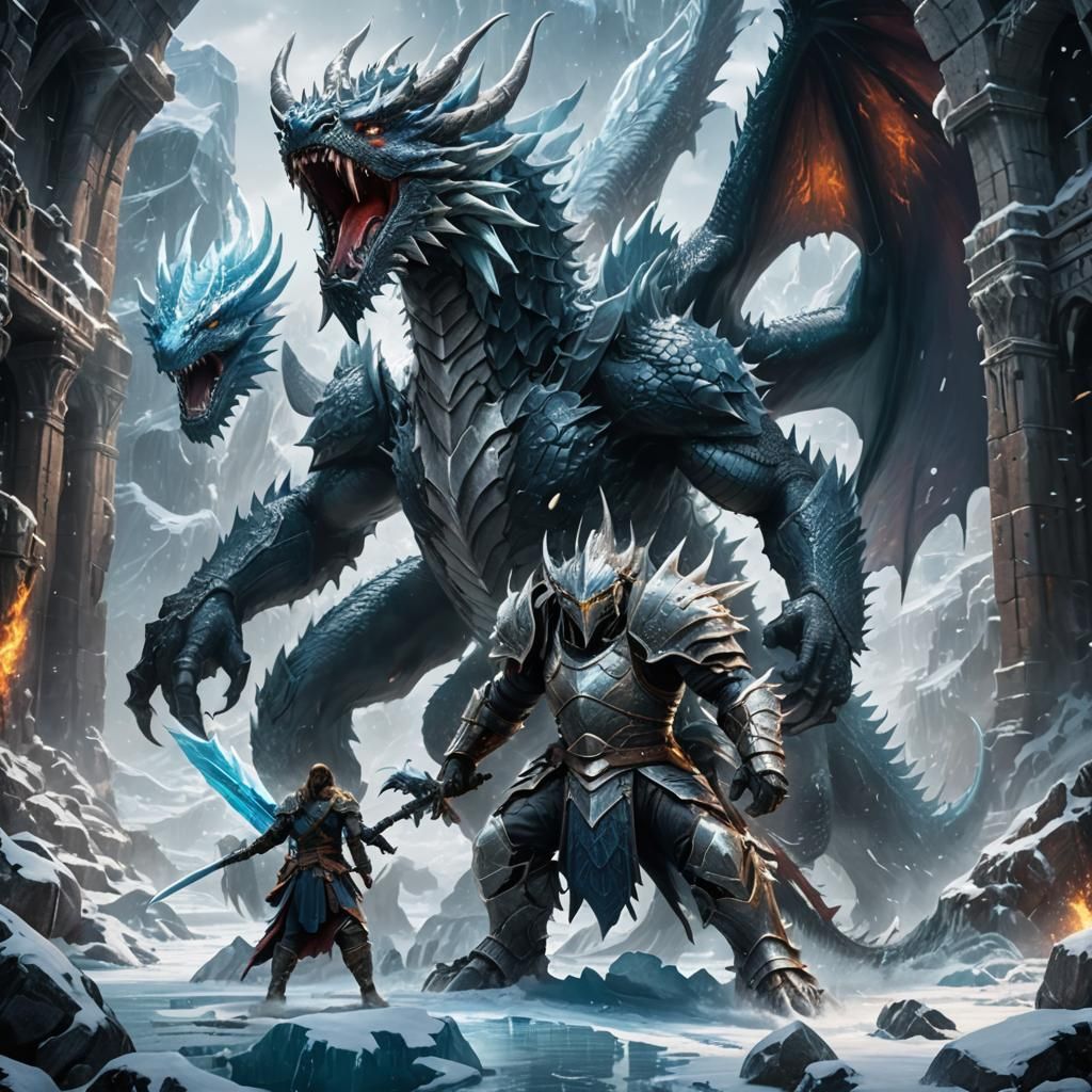 Warrior Battles Ice Dragon in Dark Fantasy Art