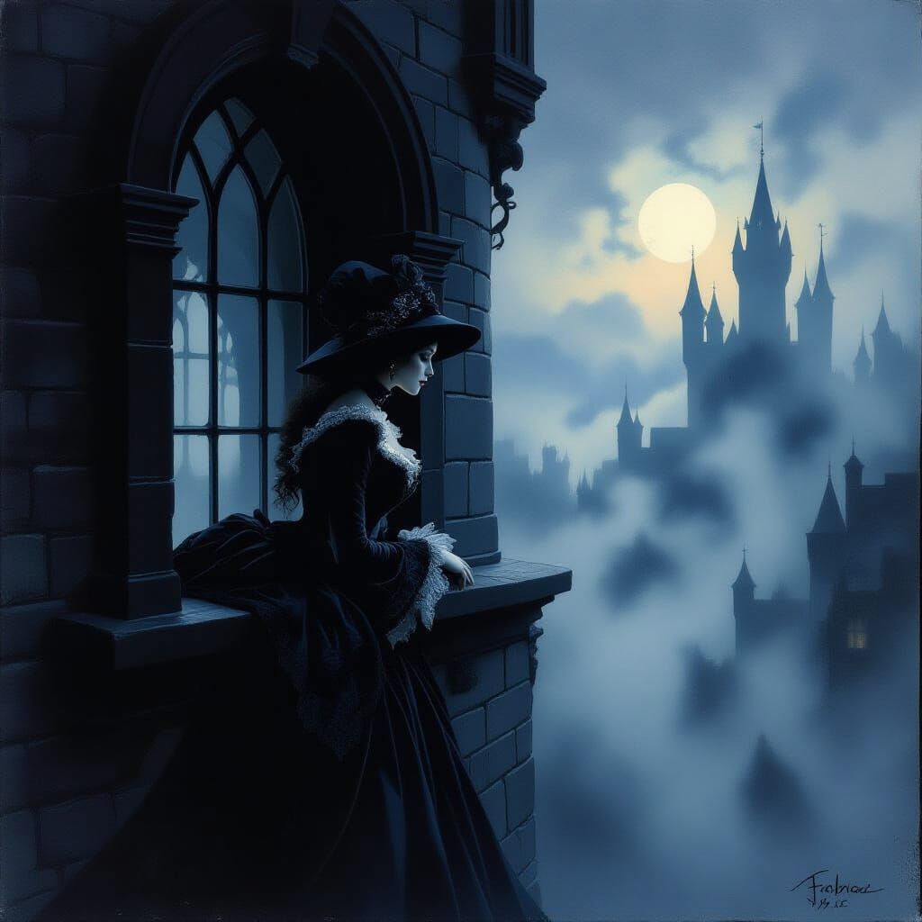 Gothic Lady in Castle Window Oil Painting