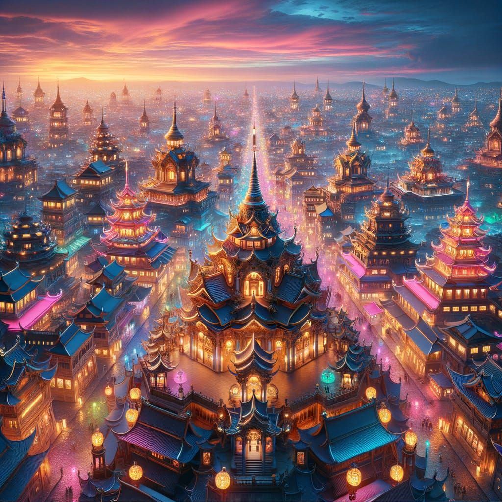 Vivid Oriental Cityscape at Twilight