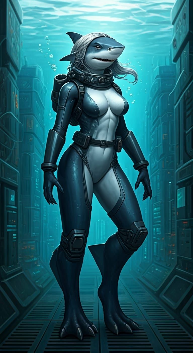 Futuristic Shark-Woman in Underwater City